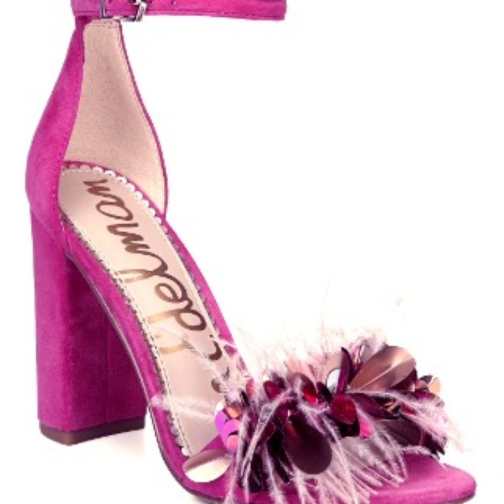 Block heel ankle strap sequined heels